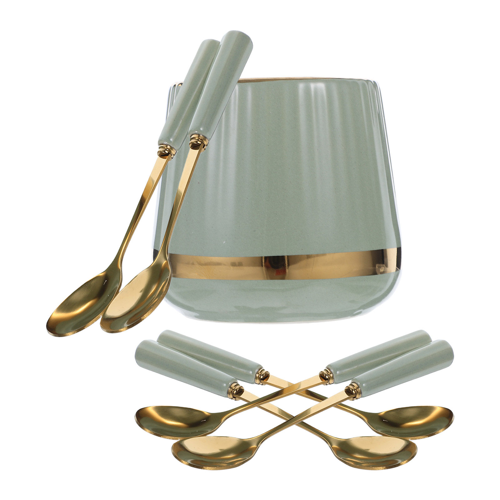 Coffee Tea Sugar Set - 7-teiliges Kaffeelöffel-Set, Mini-Dessertlöffel aus Edelstahl, Keramikbehälterhalter,