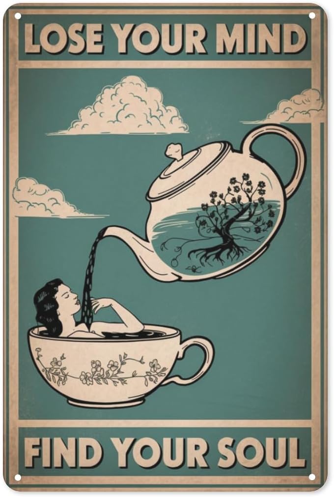 Coffee Tea Nook - Tee-Meditations-Blechschild, Zen-Metall-Wandkunst für Kaffeebar, Leseecke; Boho-Lounge-Dekor