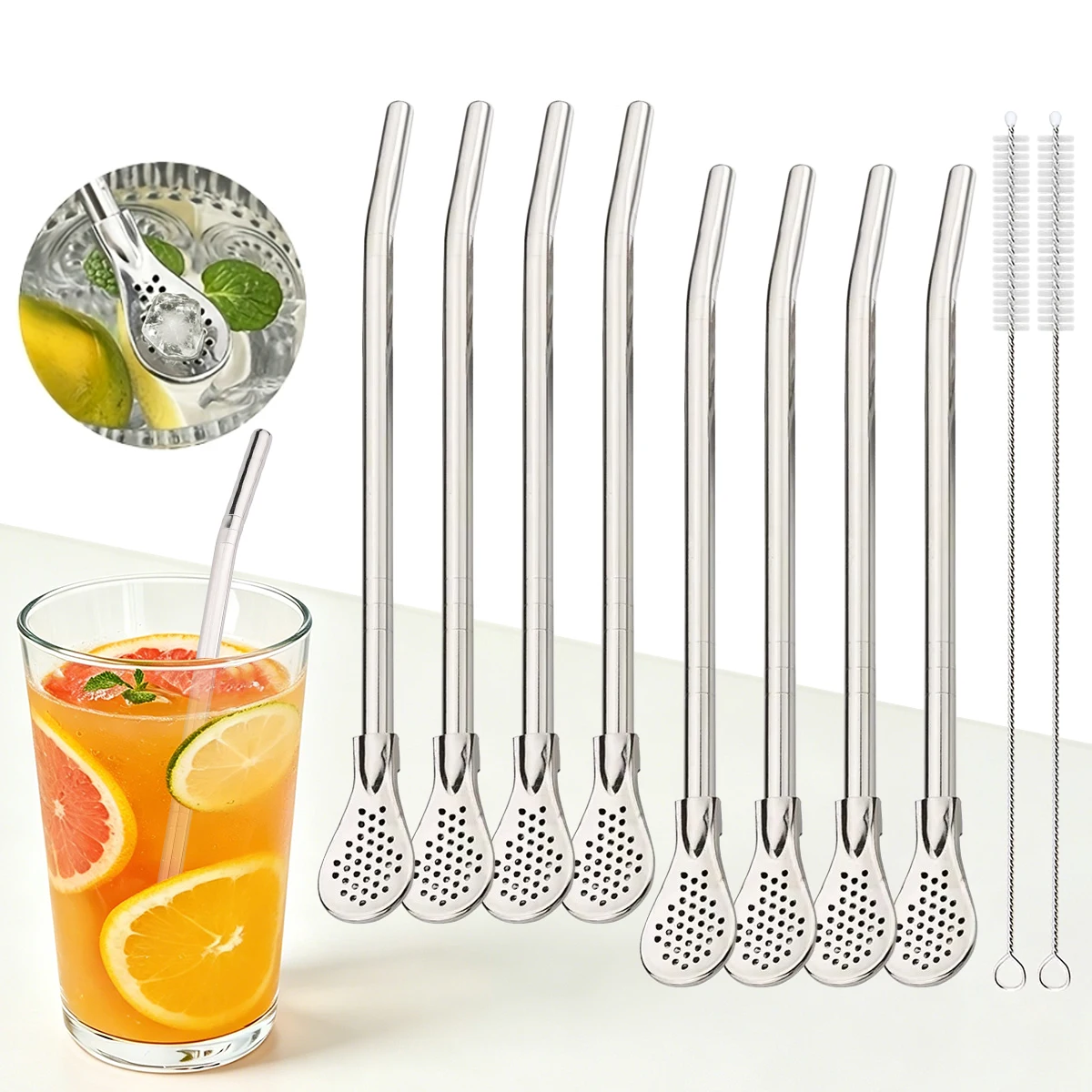 Coffee Tea Spoon - 8-teiliges Filtertee-Strohhalm-Set, wiederverwendbare Edelstahl-Strohhalme mit 2