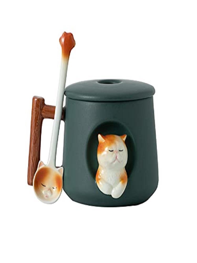 Coffee Tea Spoon - Niedliche 3D-Keramik-Katzen-Tasse mit Deckel und Löffel